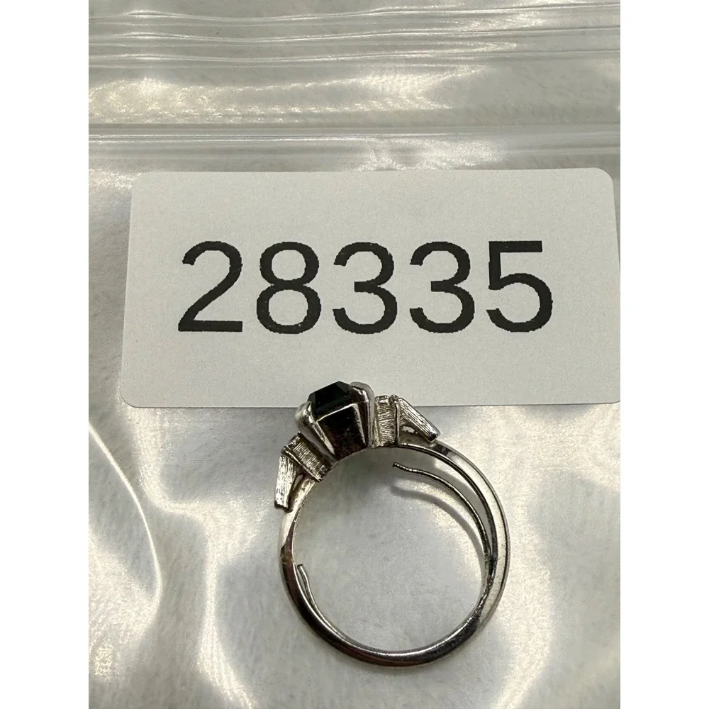 Vintage Avon Cocktail Ring Silver Tone Green READ Adjustable Size 6.5